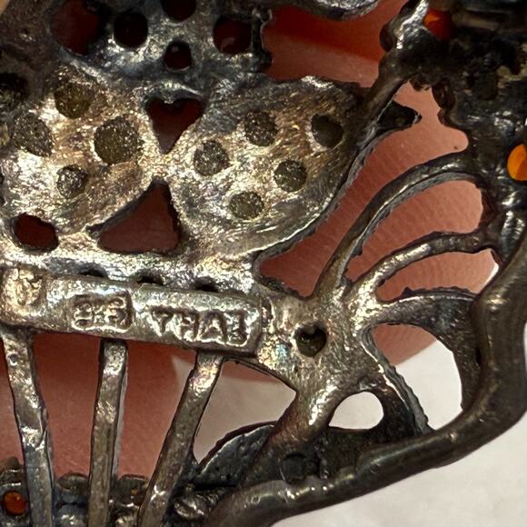 Vintage Sterling Brooch Pendant Flower Basket Marcasite-Garnet-Green Quartz Pin - Picture 6 of 15
